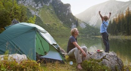 Father and son relaxing at campsite